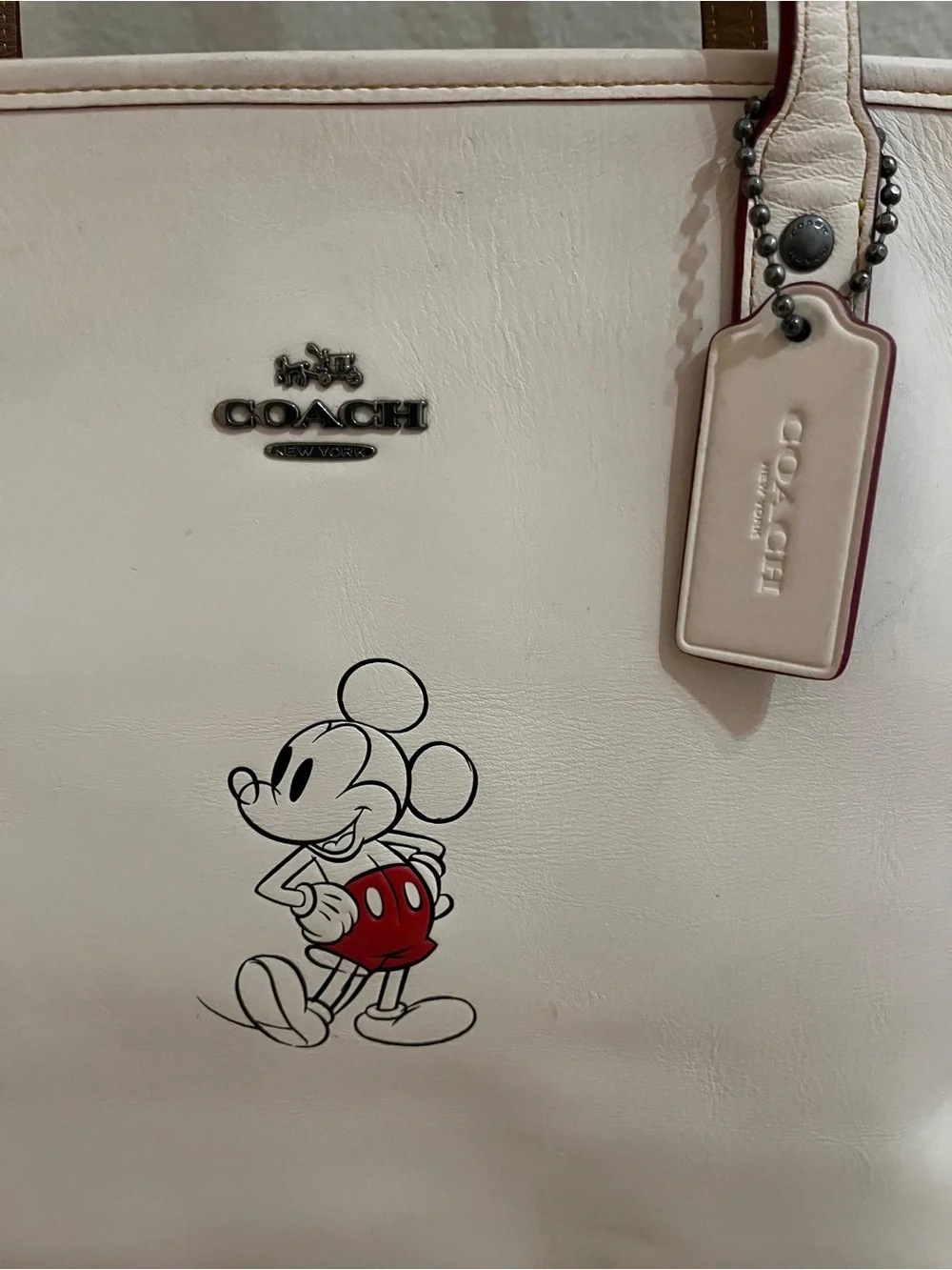 Coach White Leather Mickey Mouse Tote with Red Accent